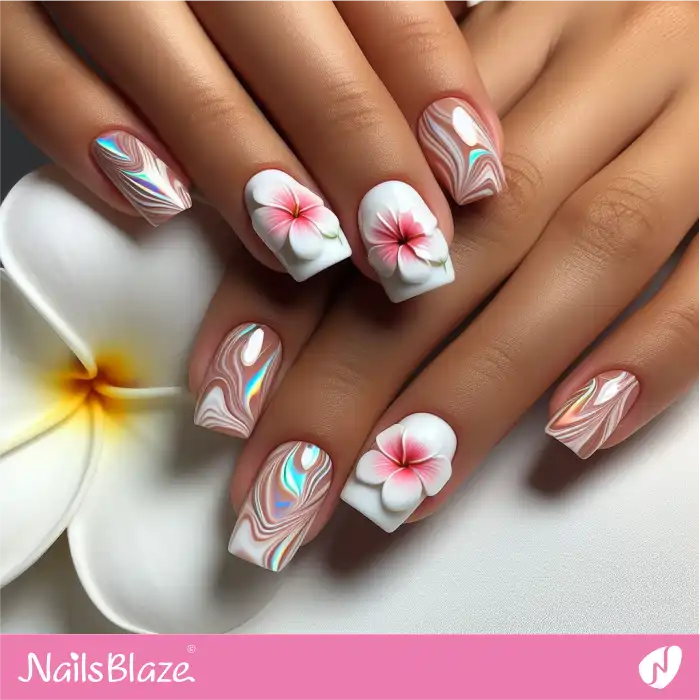 Swirl Nails Design with 3D Hibiscus Flowers | Flower Nails - NB3908