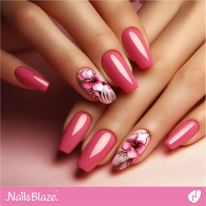 Hibiscus Flowers on Long Pink Nails | Flower Nails - NB3909