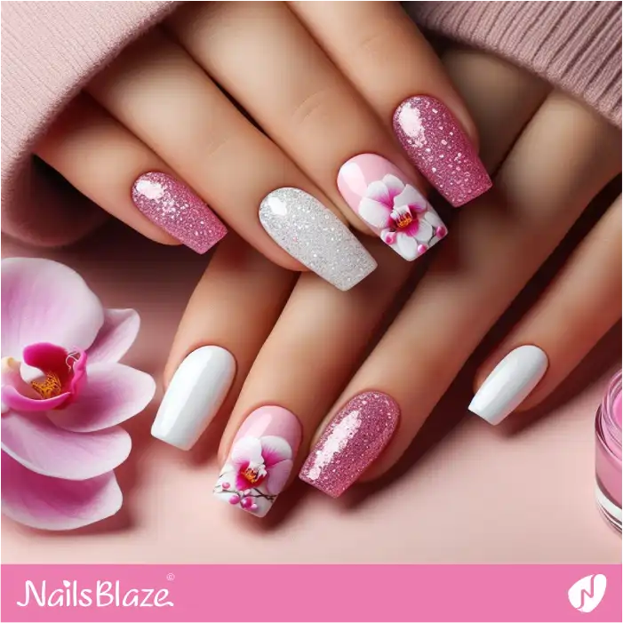 Glitter Pink Nails with Orchids | Flower Nails - NB3919