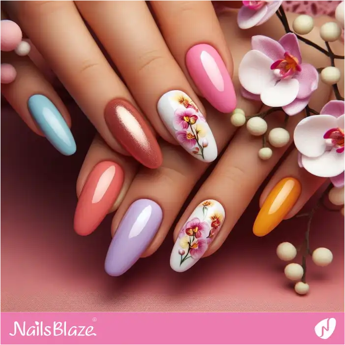 Colorful Nails with Orchid Accents | Flower Nails - NB3928