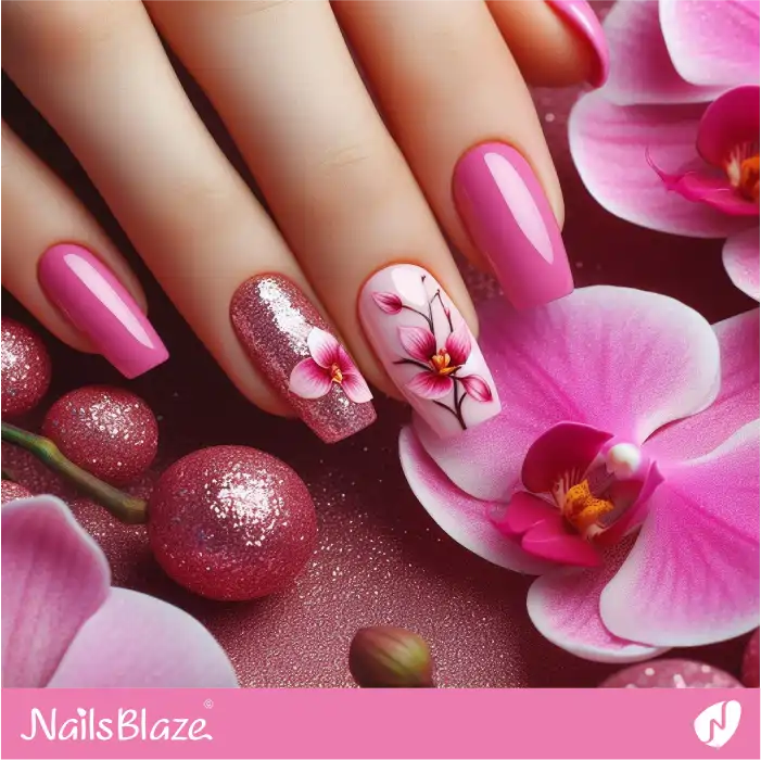 Embellished Pink Orchid Nails | Flower Nails - NB3931
