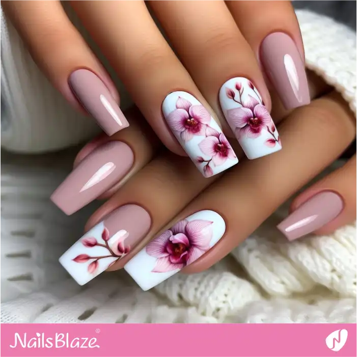 Dusty Pink and White Orchid Nails Design | Flower Nails - NB3934