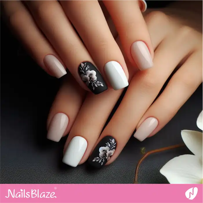Nails with Black Accents and Orchids Design | Flower Nails - NB3935