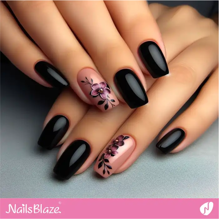Hawaii Black Nails with Orchids | Flower Nails - NB3920