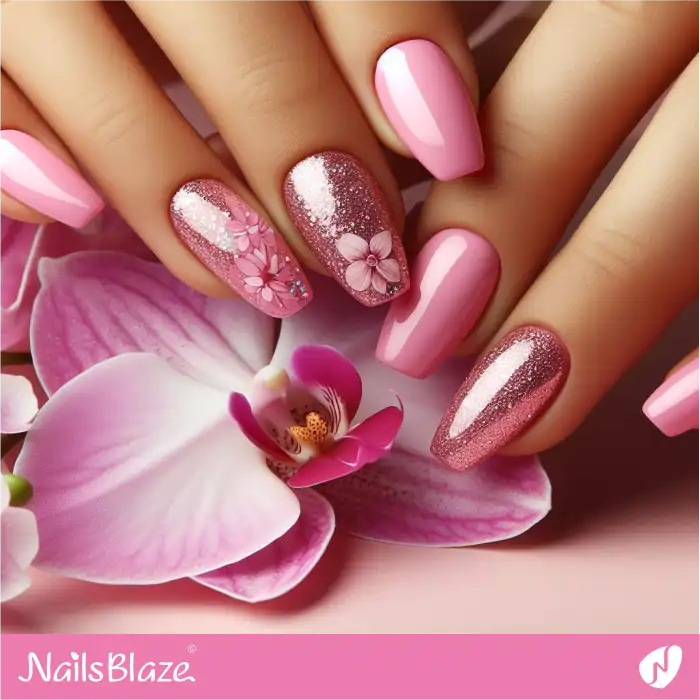 Orchids on Embellished Pink Nails | Flower Nails - NB3924