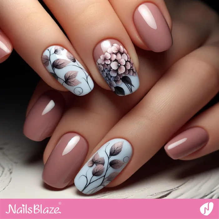 Short Glossy Nails with Hydrangeas | Floral Nails - NB3846