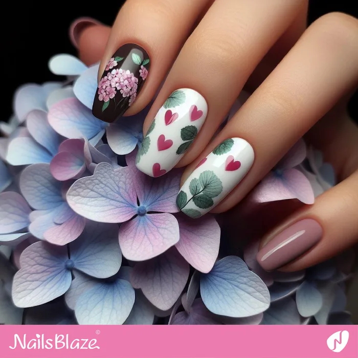 Hearts and Hydrangeas Nails Design | Floral Nails - NB3856