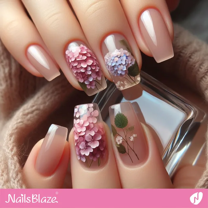 Hydrangeas on Transparent Nails | Floral Nails - NB3857
