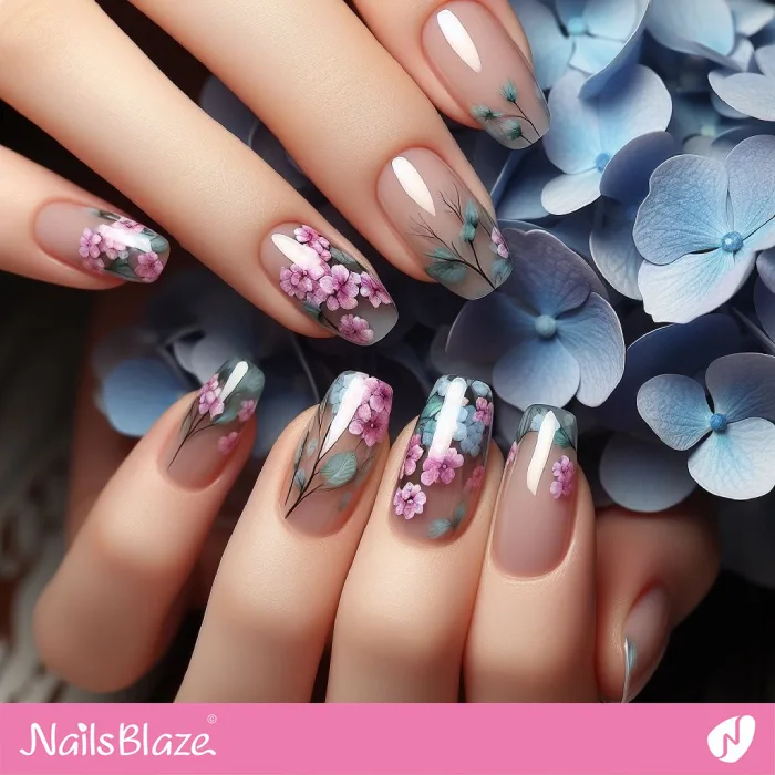 Glossy Nails with Hydrangea Flower Design | Floral Nails - NB3858