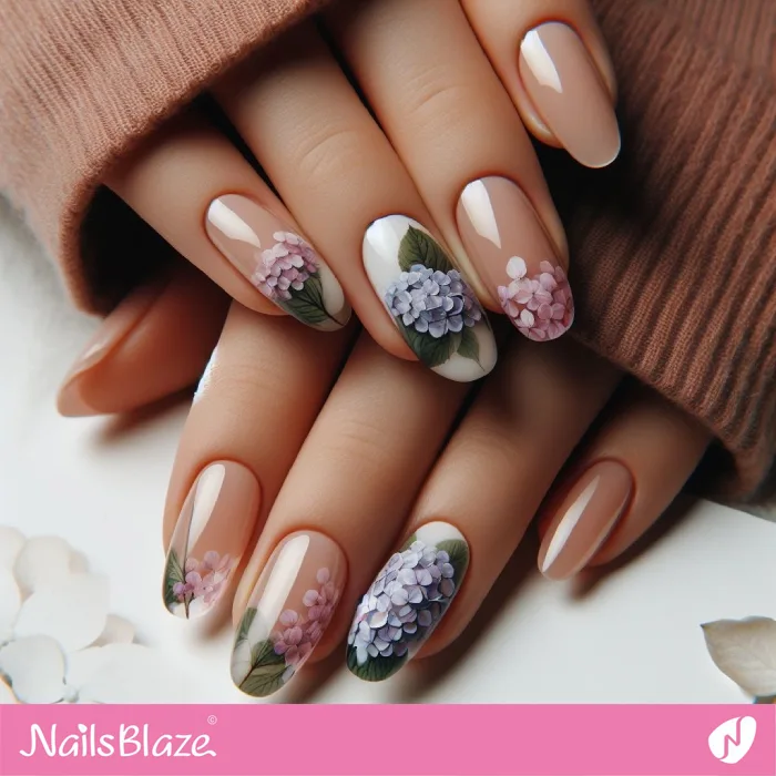 Oval Nude Nails with Hydrangea Flowers | Floral Nails - NB3859