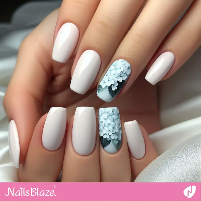 White Nails with Blue Hydrangea Accents | Floral Nails - NB3861