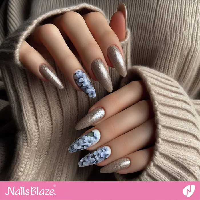 Shimmery Design Long Hydrangea Nails | Floral Nails - NB4162