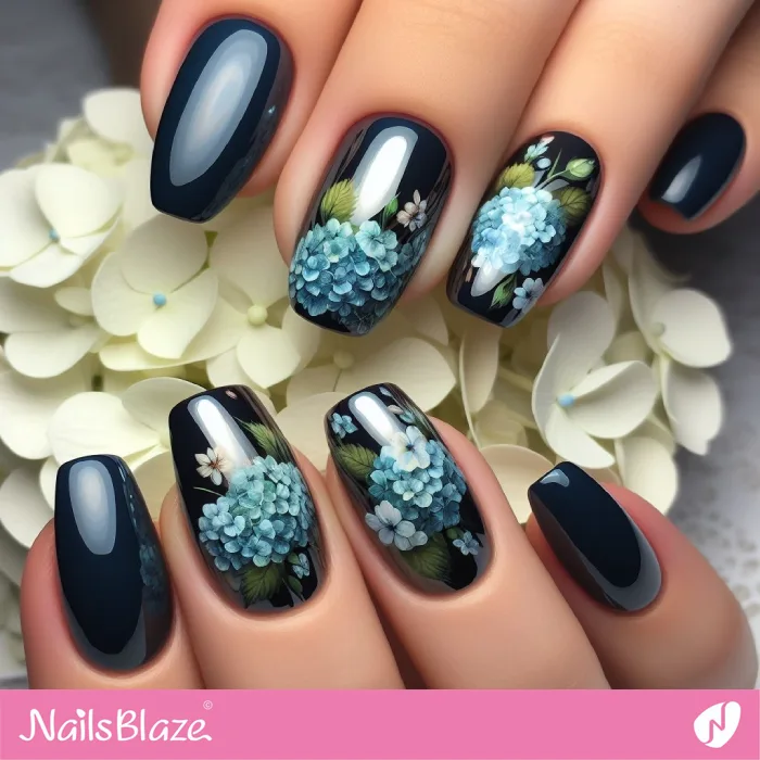 Glossy Dark Blue Nails with Hydrangea Flower Design | Floral Nails - NB3847