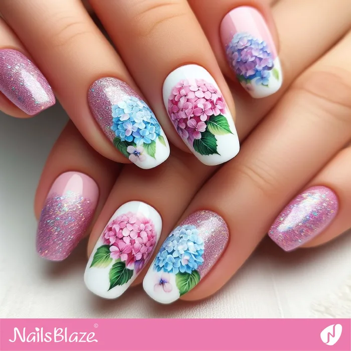 Pink and Blue Hydrangeas on Nails with Glitter | Floral Nails - NB3848