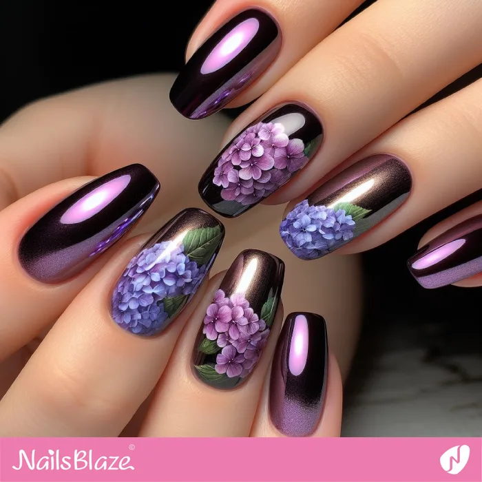 Purple Chrome Nails with Hydrangea Design | Floral Nails - NB3851