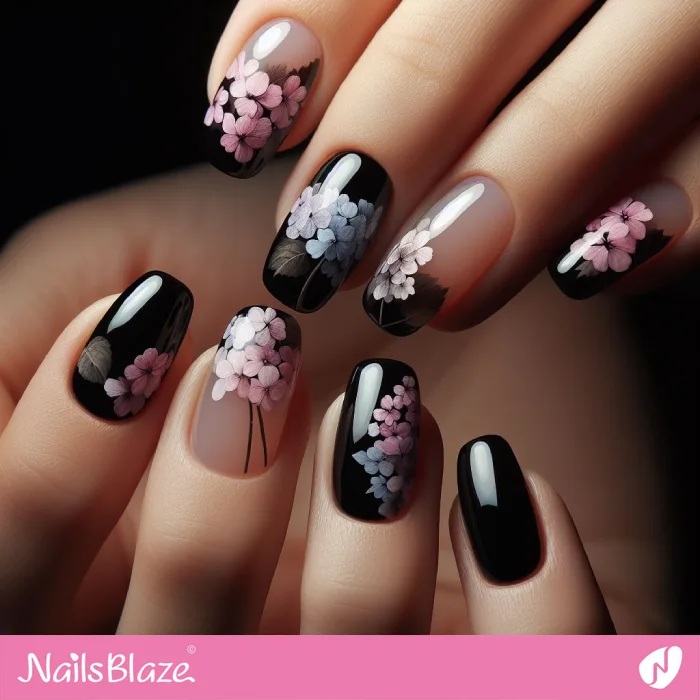 Hydrangea Nail Art on Black Nails | Floral Nails - NB3854