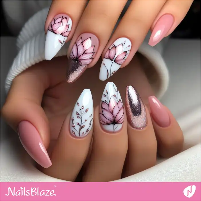 Lotus Flower on Pink and White Nails | Flower Nails - NB3896