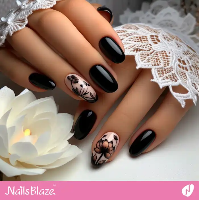 Glossy Black Nails for Spring with Lotus Design | Flower Nails - NB3898