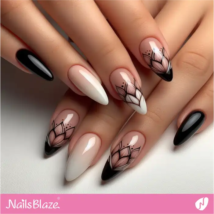 Almond French Nails with Lotus Design | Flower Nails - NB3899
