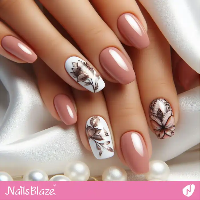 Classy Short Nails with Lotus Design | Flower Nails - NB3888