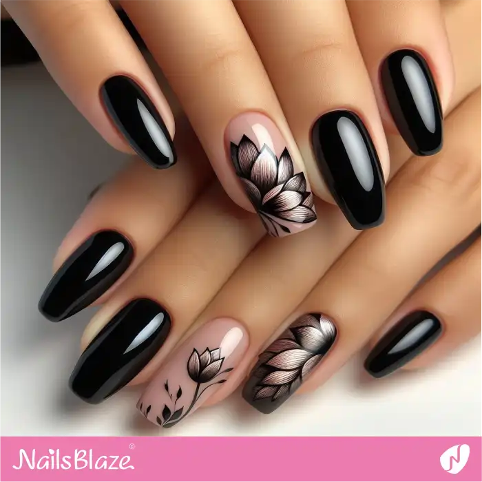 Black Nails with Lotus Flowers | Flower Nails - NB3889