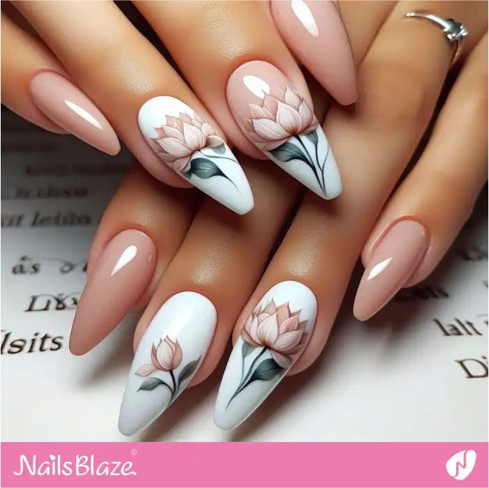 Lotus Flowers on Long Nails | Flower Nails - NB3890