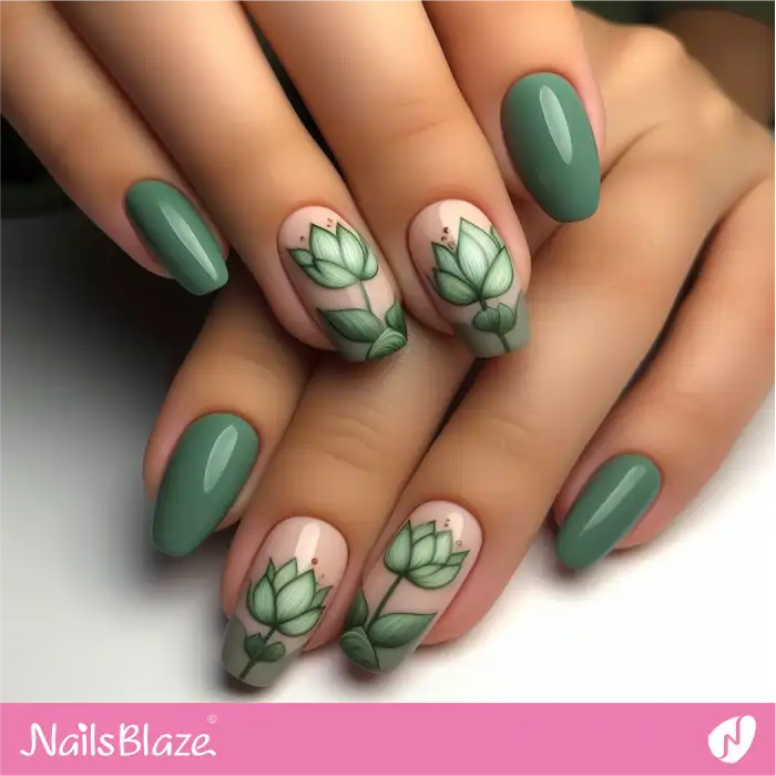 Green Flower Nails with Lotus | Flower Nails - NB3891