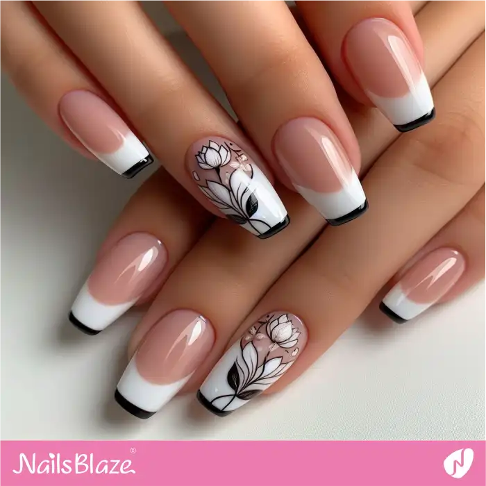 Micro French Nails with Lotus Flower Design | Flower Nails - NB3895