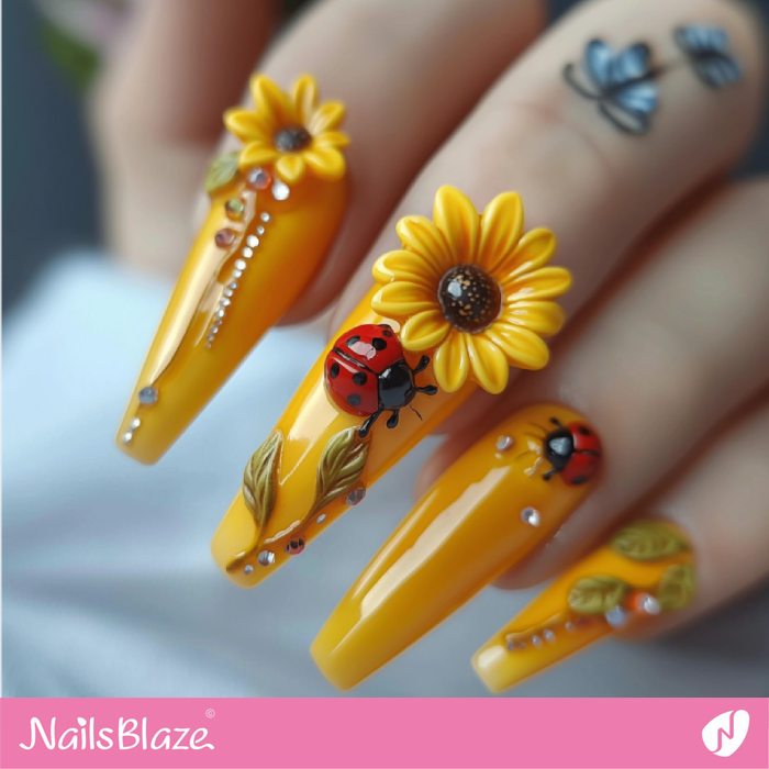 3D Sunflower and Ladybug Nails Design | Sunflower Nails - NB5239