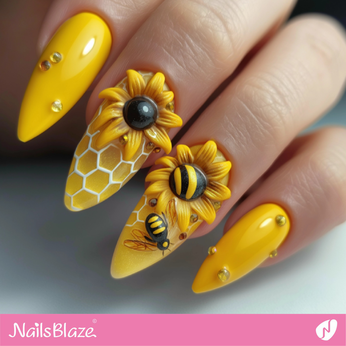 3D Sunflower and Bee Nails | Sunflower Nails - NB5232