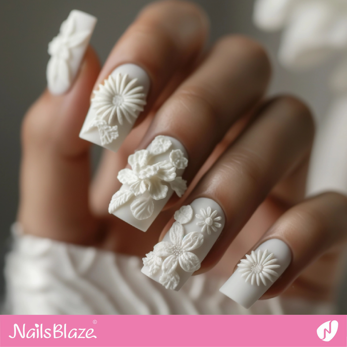 White Nails with Sunflower in 3D Design | Sunflower Nails - NB5234