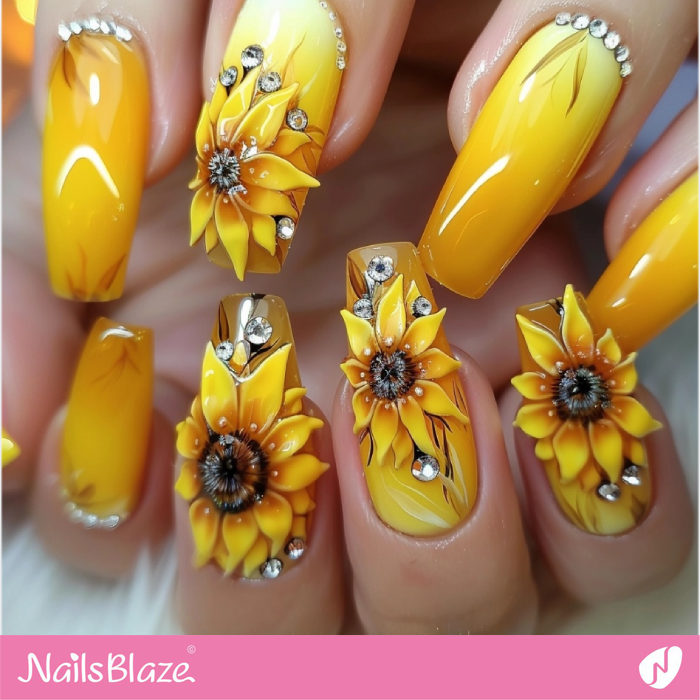 Embellished 3D Nails with Sunflowers | Sunflower Nails - NB5235