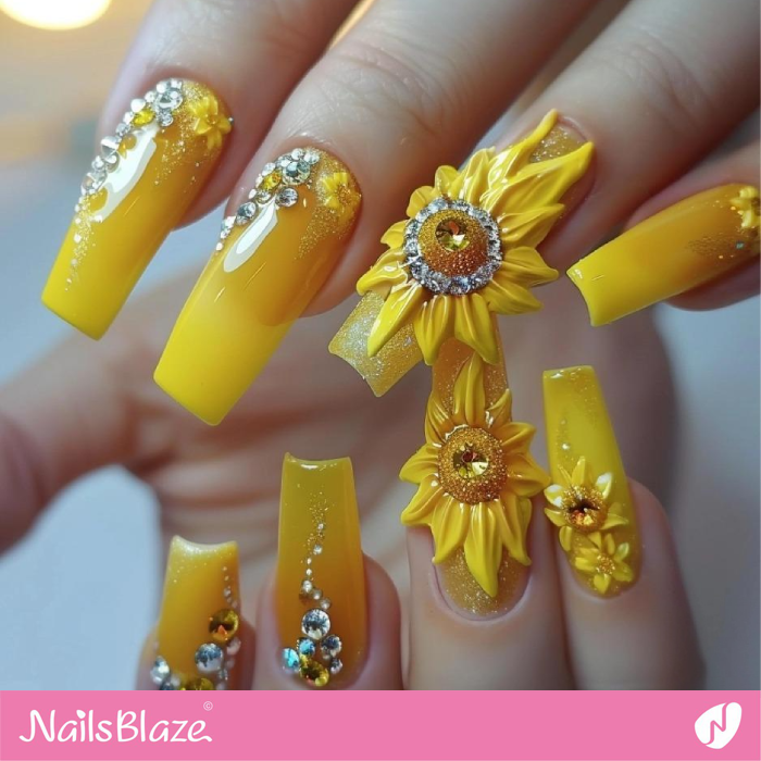 Yellow Nails with 3D Sunflower Design | Sunflower Nails - NB5236