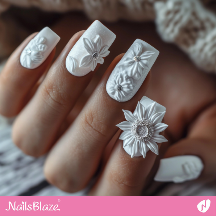 3D Nails with White Sunflower Design | Sunflower Nails - NB5237