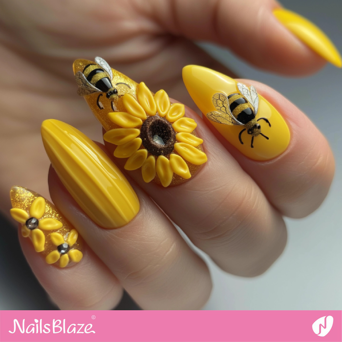 Cute 3D Nails with Sunflower and Bee Design | Sunflower Nails - NB5238