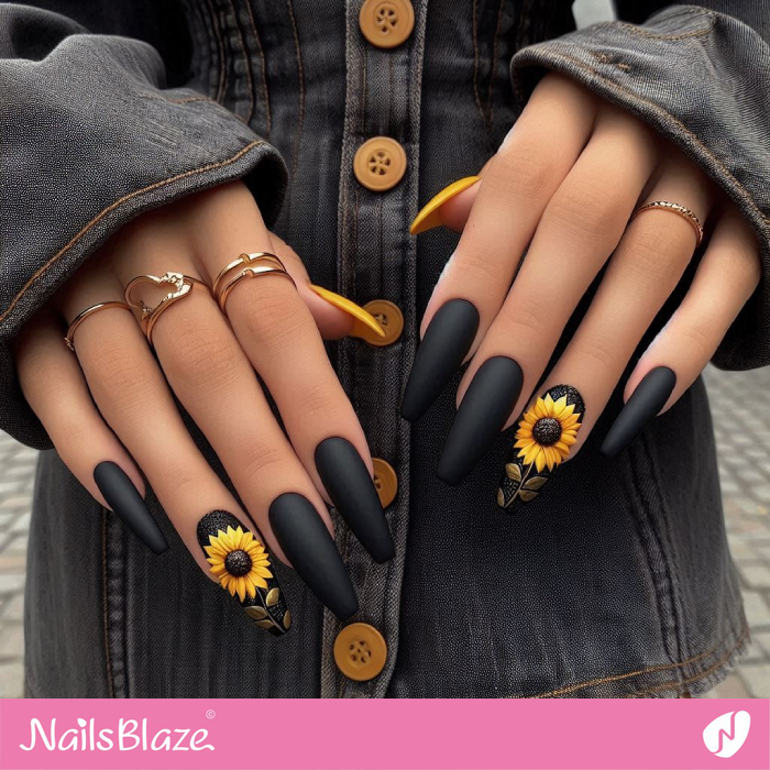 Matte Black Nails and Sunflower Accents | Sunflower Nails - NB5244