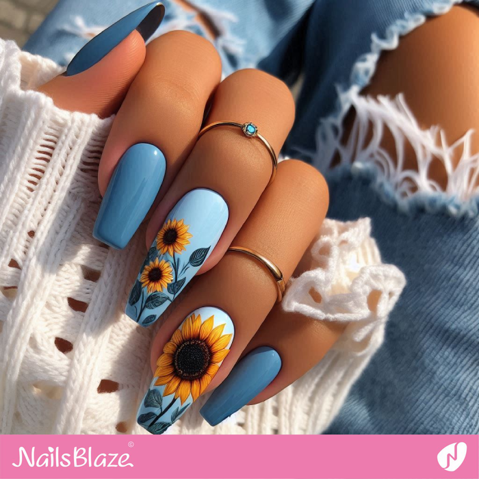 Coffin Blue Nails with Sunflowers | Sunflower Nails - NB5253