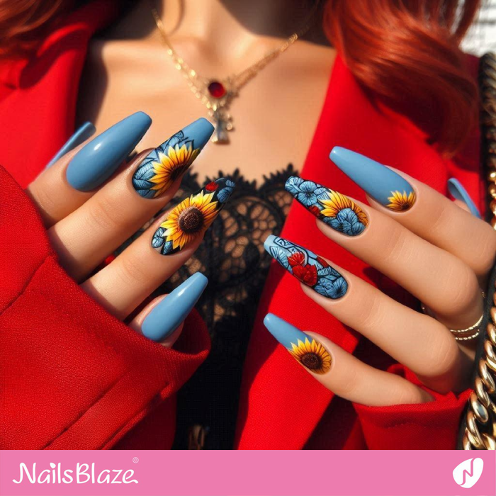 Blue and Yellow Sunflower Nails Design | Sunflower Nails - NB5254