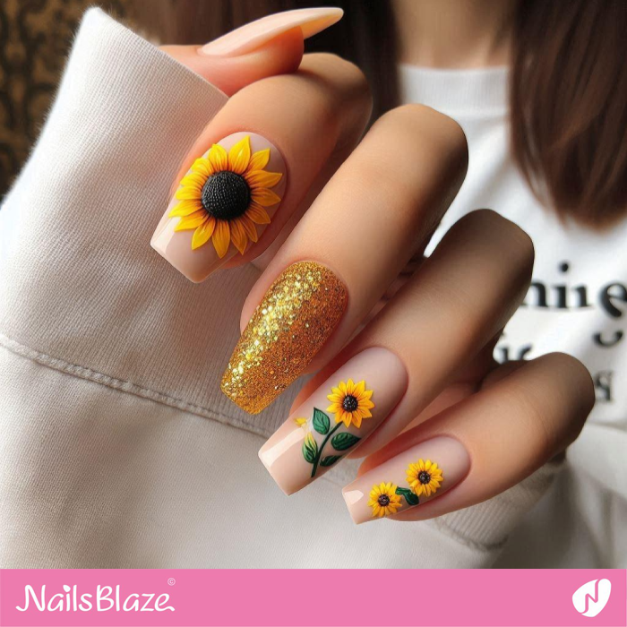 Cute Sunflower Nails Glitter Design | Sunflower Nails - NB5257