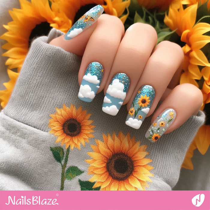 Cute Sunflowers and Clouds Nails Design | Sunflower Nails - NB5259