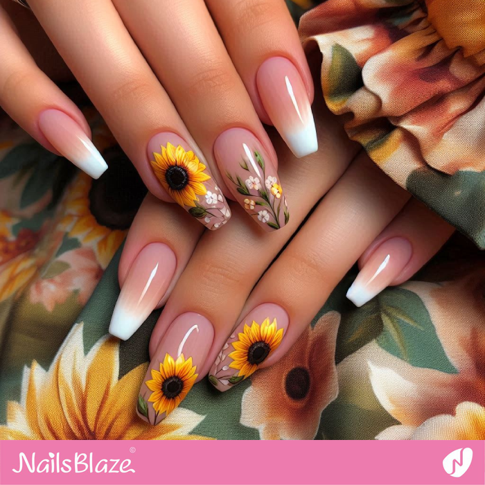 Ombre French Manicure with Sunflower | Sunflower Nails - NB5261