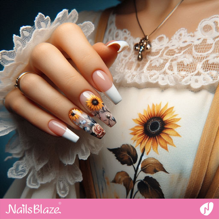 French Tip Nails with Sunflower Design | Sunflower Nails - NB5262