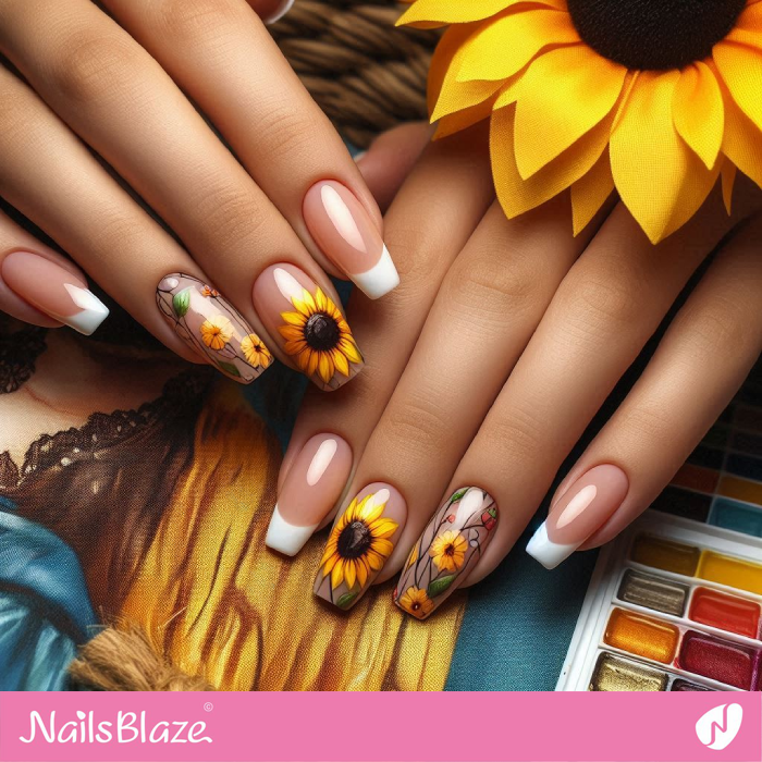 Glossy Sunflower French Tip Nails | Sunflower Nails - NB5265