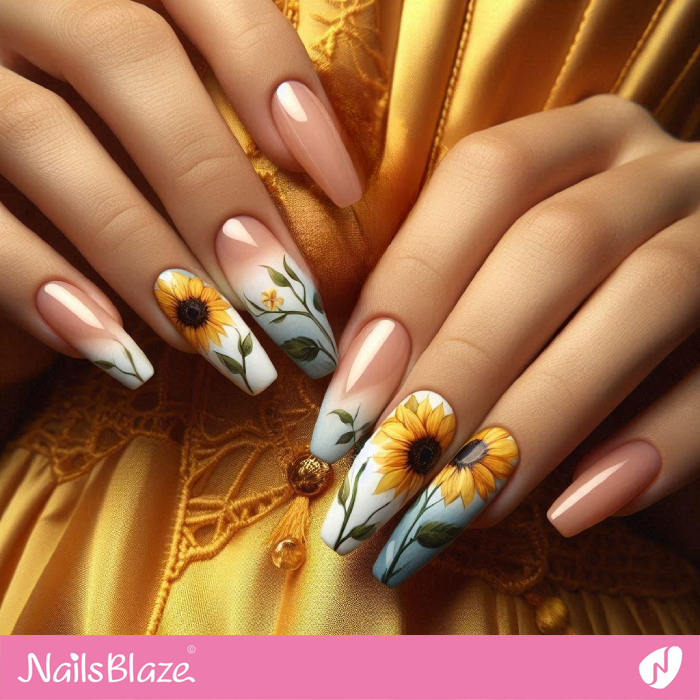 Ballerina Sunflower Ombre French Manicure Design | Sunflower Nails - NB5266