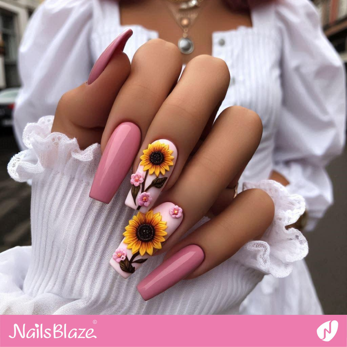 Pink Nails with 3D Sunflowers | Sunflower Nails - NB5267