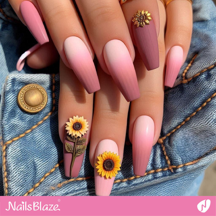 Matte Pink Nails with 3D Sunflowers | Sunflower Nails - NB5268