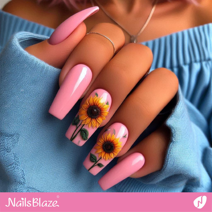 Pink Nails and Yellow Sunflowers Design | Sunflower Nails - NB5269