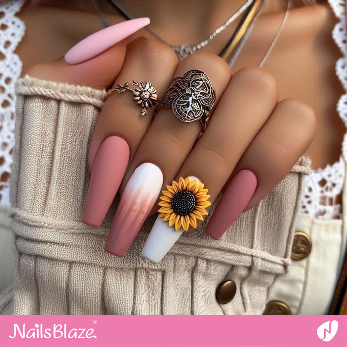 Matte Pink Nails with Sunflower Accent | Sunflower Nails - NB5270