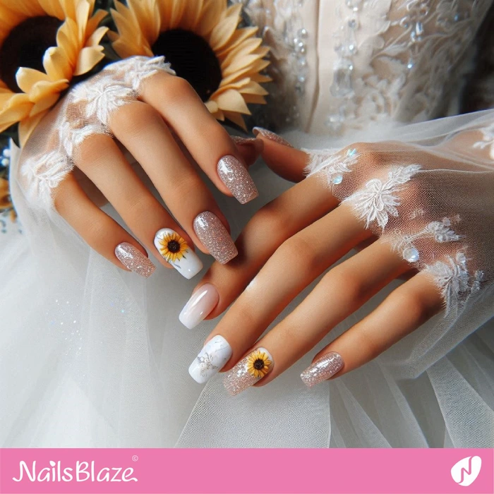 Sunflower on Ring Finger Nail for Wedding | Sunflower Nails - NB5278