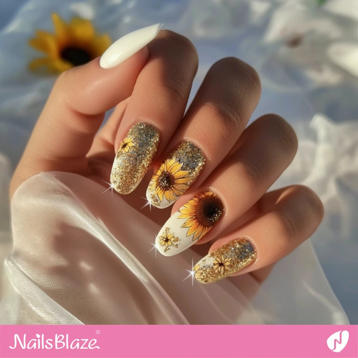 Sunflowers Nails with Gold Glitter Design for Wedding | Sunflower Nails - NB5280